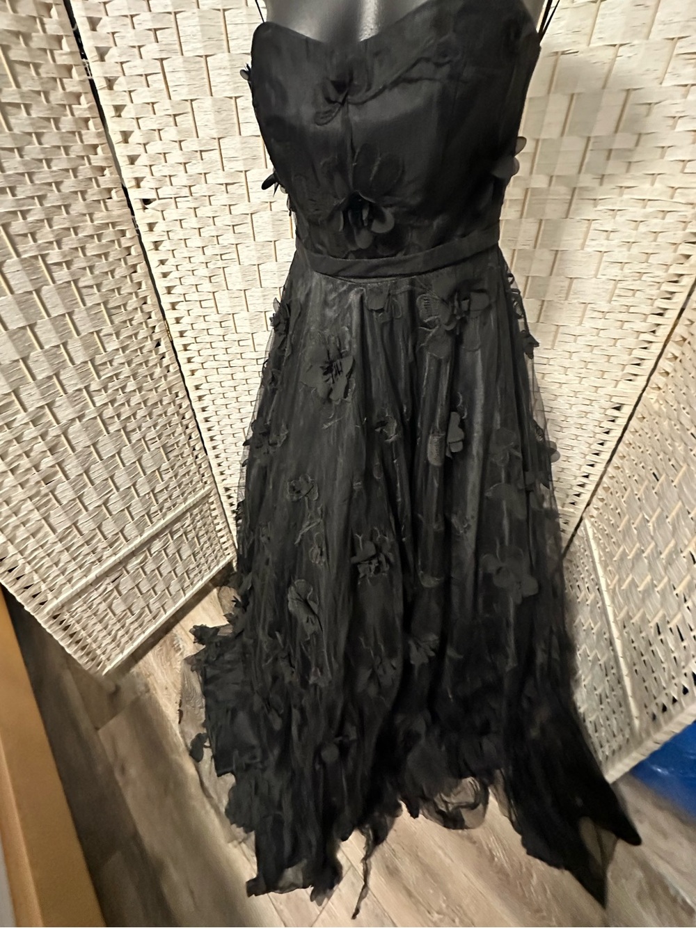Strapless Black Floral-Appliqué Evening Gown